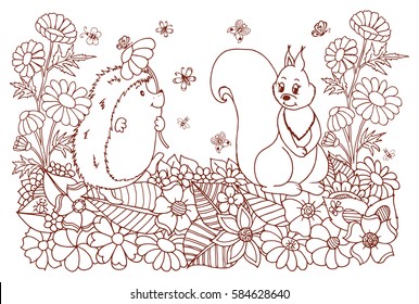Vector art illustration hedgehog among the flowers of chamomile gives squirrel. Work done by hand. Book Coloring anti-stress for adults and children.Brown and white