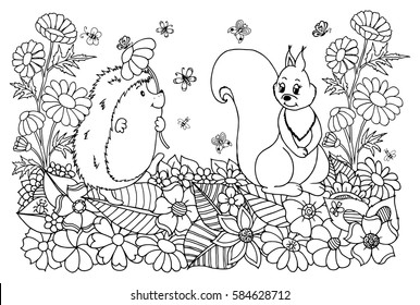 Vector art illustration hedgehog among the flowers of chamomile gives squirrel. Work done by hand. Book Coloring anti-stress for adults and children. Black and white.