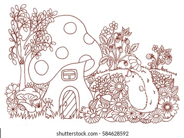 Vector art illustration hedgehog with chamomile near the lodge among the flowers. Work done by hand. Book Coloring anti-stress for adults and children.Brown and white