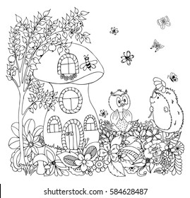 Vector art illustration hedgehog with an owl among the flowers in the mushroom lodge. Work done by hand. Book Coloring anti-stress for adults and children. Black and white.