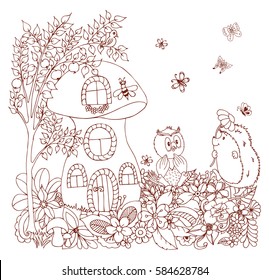 Vector art illustration hedgehog with an owl among the flowers in the mushroom lodge. Work done by hand. Book Coloring anti-stress for adults and children. Brown and white.