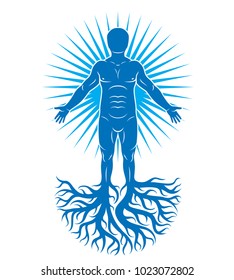 Vector art illustration of human being made using tree roots. Eco friendly living, human and nature harmony concept.