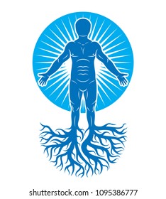 Vector art illustration of human being made using tree roots. Eco friendly living, human and nature harmony concept.