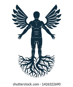 Vector art illustration of human being made using tree roots and bird wings. Eco friendly living, human and nature harmony concept.