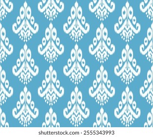 Vector Art Illustration Ikat Abstract ethnic nature pattern in a floral pattern in blue and white tones. For backgrounds, design, textiles, fashion, decoration, carpets, pillowcases, art, creativity