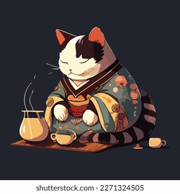 vector art illustration of a japanese cat relaxing and brewing tea