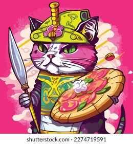 vector art illustration of a japanese samurai cat holding a pizza shaped shield