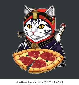 vector art illustration of a japanese samurai cat holding a pizza shaped shield