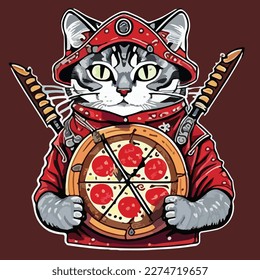 vector art illustration of a japanese samurai cat holding a pizza shaped shield