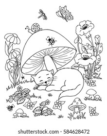 Ilustración de arte vectorial un gatito dormido en un claro bajo hongo. Trabajo hecho a mano. Colores de libros anti-estrés para adultos y niños. Blanco y negro.
