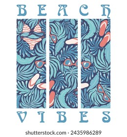 Ilustración de arte vectorial con letras Beach Vibes, plantas exóticas abstractas, atributos de playa aislados sobre fondo blanco. Diseño para tarjeta de felicitación, póster, impresión de la camiseta, invitación, banner