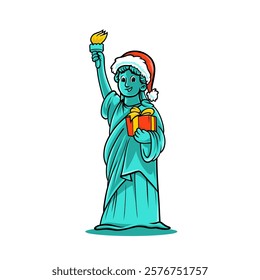 Vector Art Illustration As Liberty Wear Santa Hat and Bring A Gift