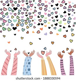 
Vector art illustration of lifting hands releasing hearts symbolizing love