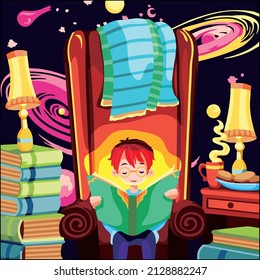 Vector art illustration of a little boy sitting on a bench reading a book