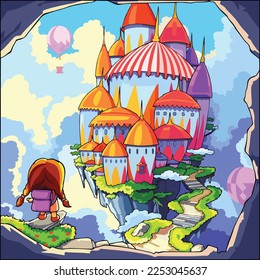 Vector art illustration of a little boy looking at a castle full of mystery