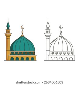 Vector art of Illustration of a mosque with a dome and minaret featuring a line art version as well