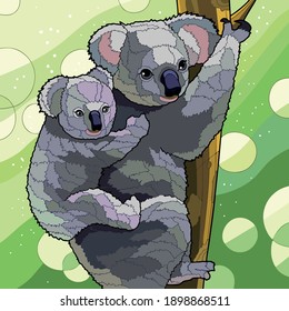 Vector art illustration of mother and child koalas being swerwed on tree trunks