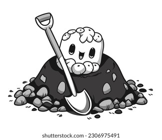 Vector Art illustration, A Mound with Cute plant and shovel