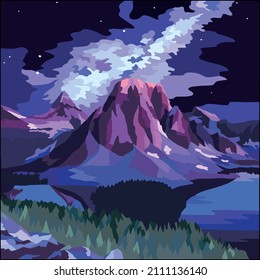 Vector art illustration of mountain scenery at night