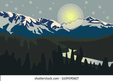 Vector art illustration mountain with sun and river