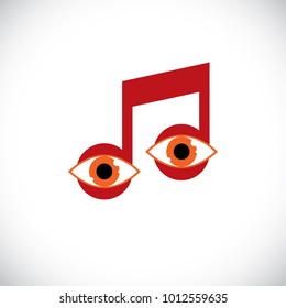 Vector art illustration of musical note created with human eyes inside, conceptual melody symbol. Modernistic graphic design element, have your own musical sight.