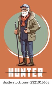 Vector Art, Illustration of Old man with Fishing Spear