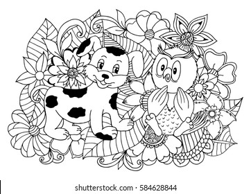 Vector art illustration owl with the puppy sits among flowers. Work done by hand. Book Coloring anti-stress for adults and children. Black and white.