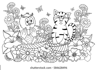 Vector art illustration owl surrounded by flowers looks at the merry kitten. Work done by hand. Book Coloring anti-stress for adults and children. Black and white.