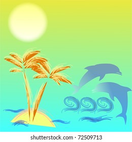 vector art illustration with palm-tree and dolphins