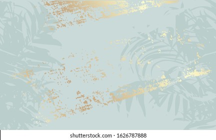 Vector art illustration in pastel gold rose blu color. Hand drawn tropical leaves summer background.