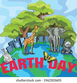 Vector art illustration poster commemorating earth day as a reminder to humans to always take care of the earth
