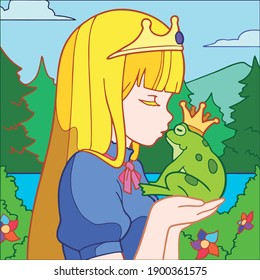 Vector art illustration of a princess carrying a frog prince