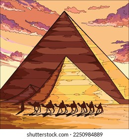 Vector art illustration of pyramids in desert with marching camels walking