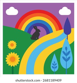 Vector art illustration of a rainbow in a natural landscape for a greeting card 
