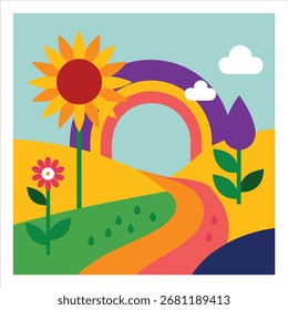 Ilustración de Arte vectorial de un arco iris en un paisaje natural para una tarjeta de felicitación 