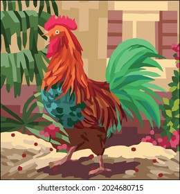 Vector art illustration of a rooster looking for food in its habitat