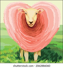 Vector art illustration of a sheep with a body that forms a love symbol seen from the front