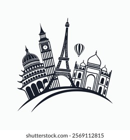 "Vector art illustration showcasing iconic global landmarks, including Big Ben, Eiffel Tower, and Taj Mahal, on a curved landscape with a hot air balloon. Perfect for travel and tourism themes."