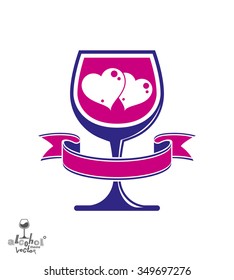 Vector art illustration of simple wineglass with two loving hearts. Celebration theme graphic design object, stylized goblet with wavy ribbon.