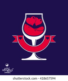 Vector art illustration of simple wineglass with two loving hearts. Alcohol theme graphic design object, stylized goblet with wavy ribbon.