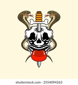 Vector art illustration of skull with cobra and sword. Highlights the fierce and mysterious elements. Suitable for print design on t-shirts, Halloween, etc.