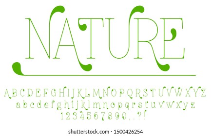 Vector Art Illustration Of The  Slim Nature Green Leaf Font, English Alphabet And Numbers