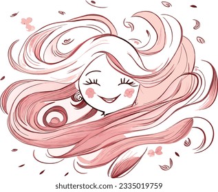 Vector art illustration smiling woman with flowing hair eps 10