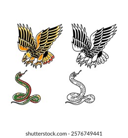 Vector Art Illustration of Snake Eagle Tattoo Skull And Sword