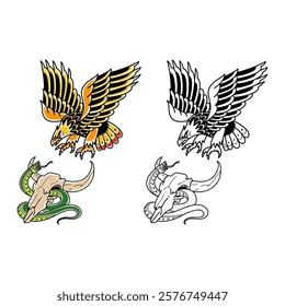 Vector Art Illustration of Snake Eagle Tattoo Skull And Sword