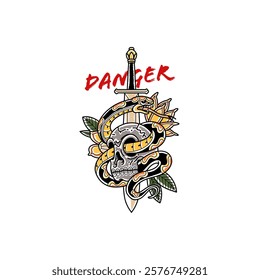 Vector Art Illustration of Snake Tattoo Skull And Sword