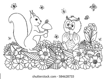 Vector art illustration a squirrel among the flowers gives the mushroom owl. Work done by hand. Book Coloring anti-stress for adults and children. Black and white.