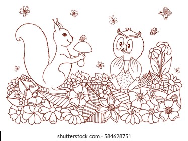 Vector art illustration a squirrel among the flowers gives the mushroom owl. Work done by hand. Book Coloring anti-stress for adults and children.Brown and white