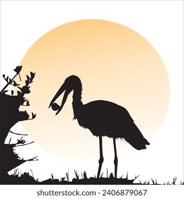 Vector Art Illustration of a stork eating its prey, sunrise background