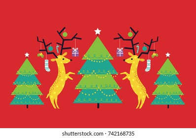 Vector art illustration of stylized graphic Christmas trees and reindeer against a red background
